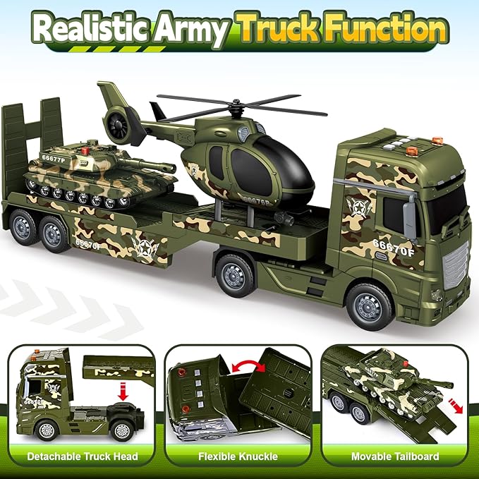 SpringFlower Toddler Boy Toys, 3 in 1 Large Army Truck Toy with Helicoper and Tank, Military Transport Truck Toy, Christmas Birthday Gifts for Kids 3 4 5 6 Years Old