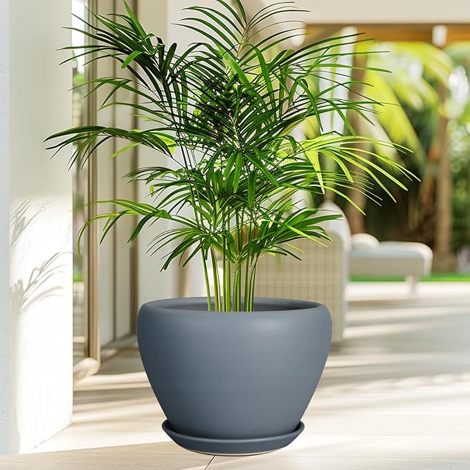 Ceramicfor 10 Inch Plant Pot - Ceramic Planter for Indoor Plants Large Plant Pot with Drainage Hole and Saucer Round Outdoor Planter Modern Flower Pot for Home Decor Gray