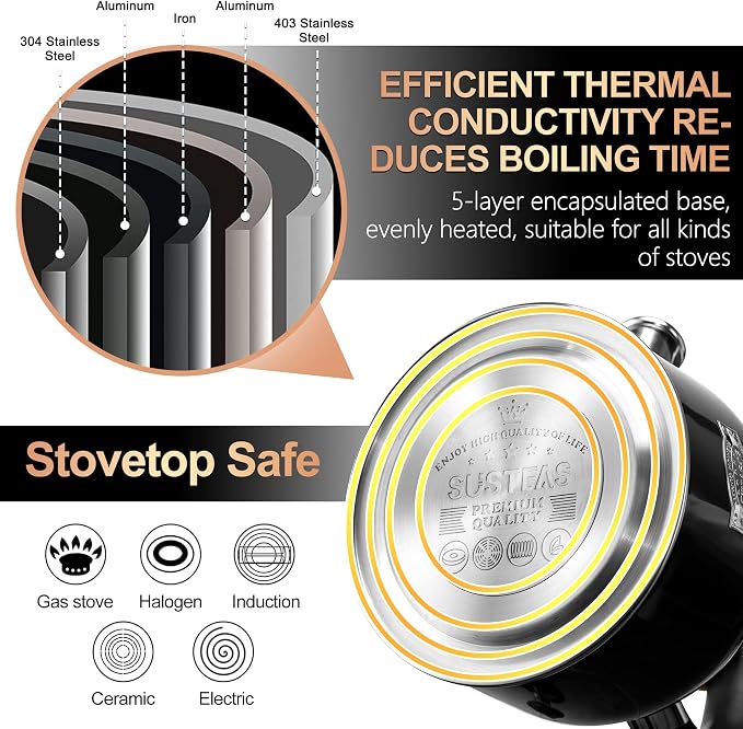 SUSTEAS Tea Kettle - 3.17QT Whistling Kettle with Ergonomic Handle - Premium Stainless Steel Tea Pots for Stove Top, Chic Vintage Teapot with Composite Base, Work for All Stovetops (Black)