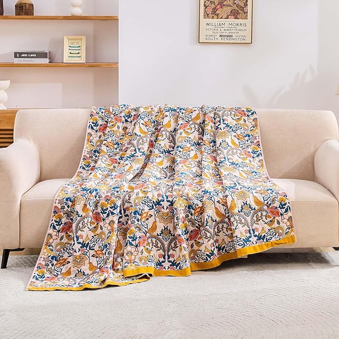 XIBLC Boho Blanket Throw Quilt, 100% Cotton Soft Light Weight Throw Blankets for Summer, 80"x90" Farmhouse Flower Decorative Blankets, All Season Rustic Reversible Bohemian Throw Quilt