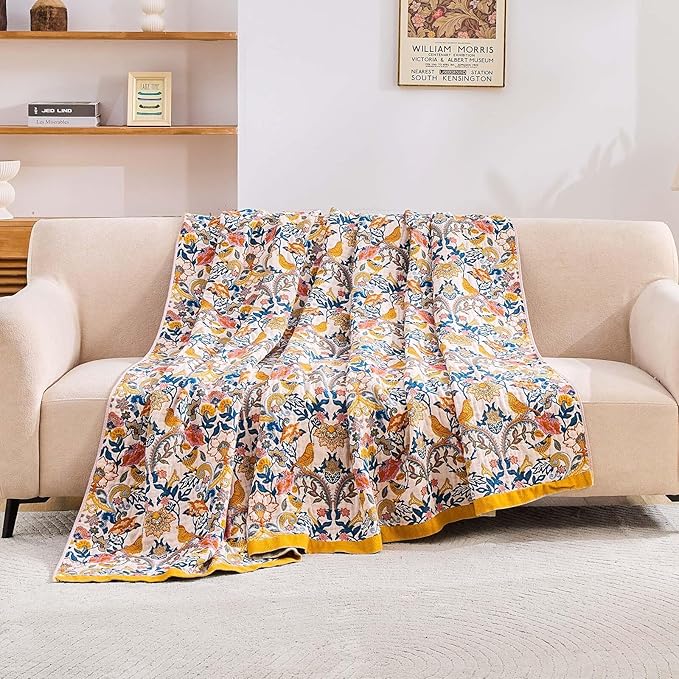 XIBLC Boho Blanket Throw Quilt, 100% Cotton Soft Light Weight Throw Blankets for Summer, 60"x80" Farmhouse Flower Decorative Blankets, All Season Rustic Reversible Bohemian Throw Quilt