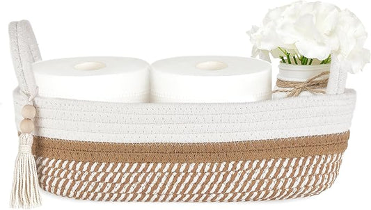 Mkono Toilet Paper Basket, Boho Bathroom Decor, Small Storage Organizer | White and Brown, 13"L x 6"W, Back of Toilet Basket, Decorative Woven Tray with Handles, Space-Saving, Living Room Bedroom