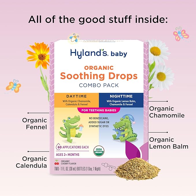 Hyland's Baby Drops Day & Night Combo Pack - 1 oz, 2-Count, Organic Cherry Flavor - Daytime and Nighttime Oral Discomfort Drops for Teething Babies