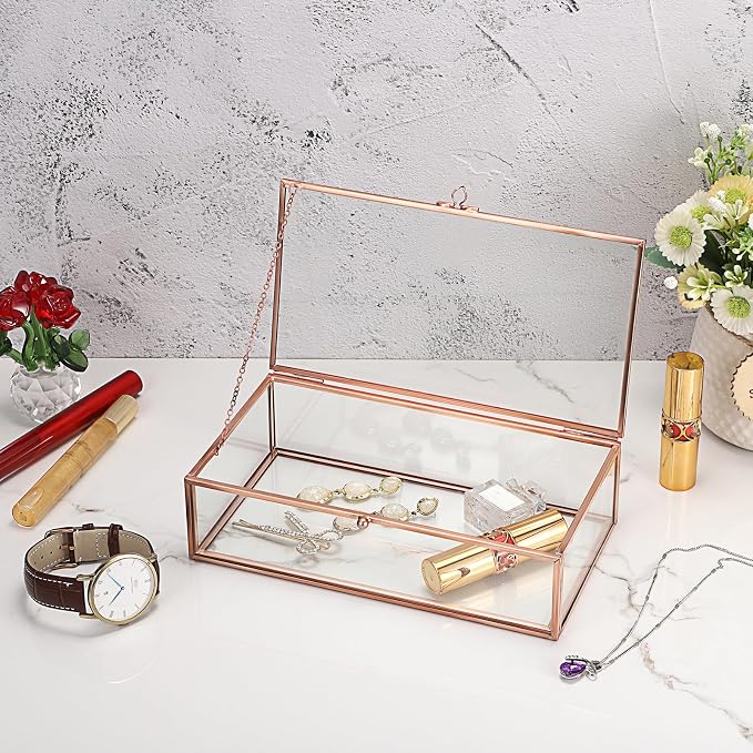 Hipiwe Glass Keepsakes Display Box Jewelry Organizer Box with Lid Decorative Glass Box Clear Rectangle Storage Box for Trinket Perfume Collection Gift for Birthday Anniversaries,Rose Gold Large