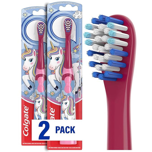 Colgate Kids Battery Powered Toothbrush, Unicorn, Extra Soft Toothbrush, Ages 3 and Up, 2 Pack
