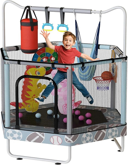 LAMERGE 55" 7-in-1 Round Trampoline for Kids Boys & Girls Ages 1-8, Indoor & Outdoor Trampoline for Fun, Adjustable Height Handrail ＆ Enclosed Safety Net ＆ Durable Designs for Toddlers Children