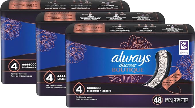 Always Discreet Boutique Incontinence Pads, for Bladder Leaks, Moderate Absorbency, Regular Length, 144 Count (Pack of 2)