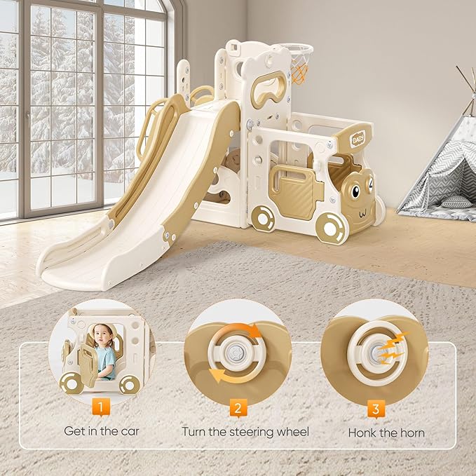 Lischwert 5 in 1 Toddler Slide, Indoor Slides Playground Set for Kids, Outdoor Slide Freestanding Playset, Toddler Playground with Basketball Hoop, Bus Playhouse and Climber for Kids Age 1+