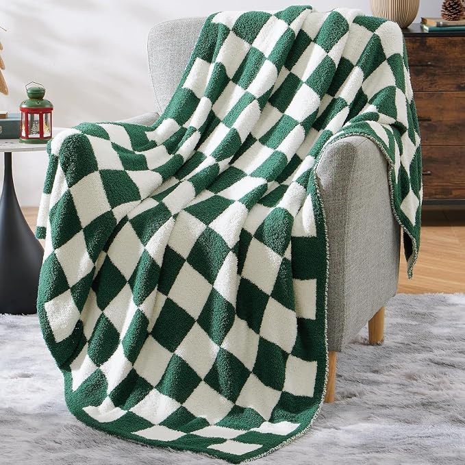 Soft Twin Size Checkered Blanket for Bed-Cozy Knitted Blankets | Lightweight Fluffy Warm Decor for Women, Mom, Her & Girls, Sofa, Chair, Couch, 60x80in, Avocado Green
