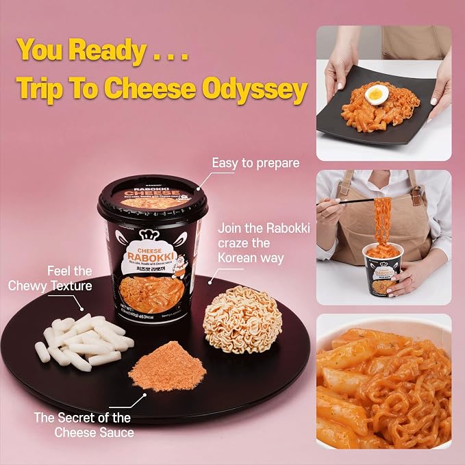 KINIKORA Korean Instant Rabokki Cup Variety Pack – Original & Cheese Flavors, 4 Cups Total (2x Original + 2x Cheese) – Quick Korean Ramen & Rice Cake Meal, Ready in 3 Min