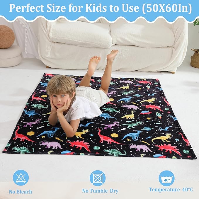 Softan Kids Throw Blanket for Girls & Boys, Warm Soft Toddler Flannel Blankets for Sofa Couch Bed， Cozy Fuzzy Plush Flannel Kids Throw Blanket for Daycare & School - Space Dinosaur 50x60 inches
