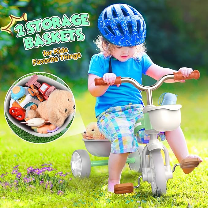 Toddler Tricycle for 1-3 3-5 Year Olds, 2 3 4 5 Year Old Boy Girl Birthday Gifts, Toddler Baby Bike, Outdoor Riding Toy for Ages 2-4, 4-Level Adjustable Seat, 3 Color Light Wheels, 2 Baskets