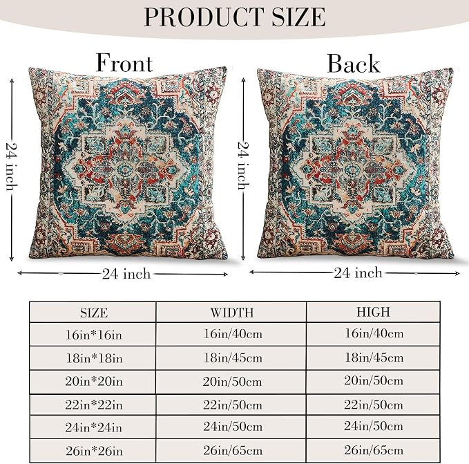 Boho Throw Pillow Covers 24x24 inch Set of 2,Boho Vintage Carpet Pattern Antique Ethnic Decor Double Sided Pattern Cushion Cover Soft Pillow Case Living Sofa Room Bed Square Pillow Cover