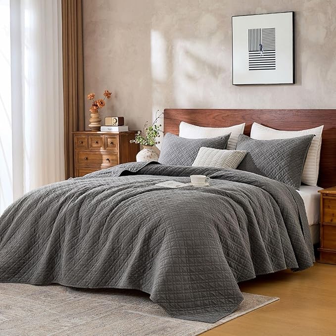 Cali King Quilt Set with Shams Lightweight Quilted Bedspread Coverlet Thin Comforter Bed Cover Vintage Washed Quilted Blanket for All Season, Brushed Microfiber Diamond Stitching, Ash Gray, 111"x92"