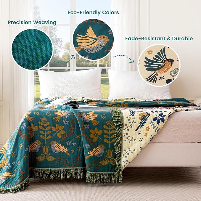 MSGKV Boho Throw Blanket 60"x80" 100% Cotton Bird Quilt for Bed & Couch | 100% Cotton Throw, Bird Quilt Design, Muslin Blanket, Summer Breathable, Farmhouse Decor, Lightweight, Machine Washable