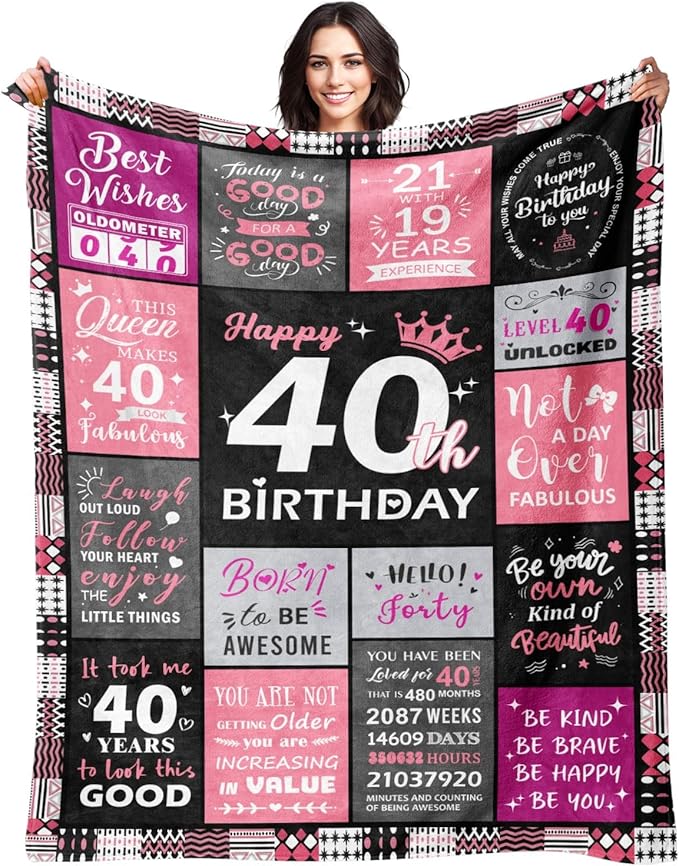 Sruemiul 40th Birthday Gifts Women, Happy 40th Birthday Blanket 60" x 80" | 40th Birthday Decorations for Women, 40 Year Old Birthday Gifts for Women, 1986 40Th Birthday Gift for Her, Daughter, Friend