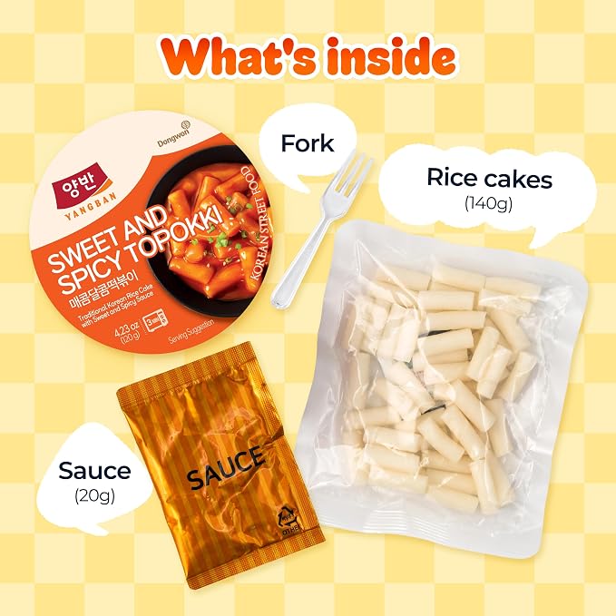 Dongwon Yangban Instant Tteokbokki Cup, 6-Pack with Forks, Sweet & Spicy Korean Rice Cakes in Gochujang-Style Chili Sauce, Microwave Ready in 3 Minutes, Mild-Medium Heat Snack, 4.23oz (120g)