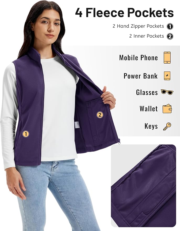 TACVASEN Women's Fleece Vest Lightweight Sleeveless Zip Jacket Outerwear | Soft Polar,Zipper Pockets,Stand Collar,Fall Winter Warm,Outdoor,Athletic,Running,Hiking,Travelling,Golf,Work