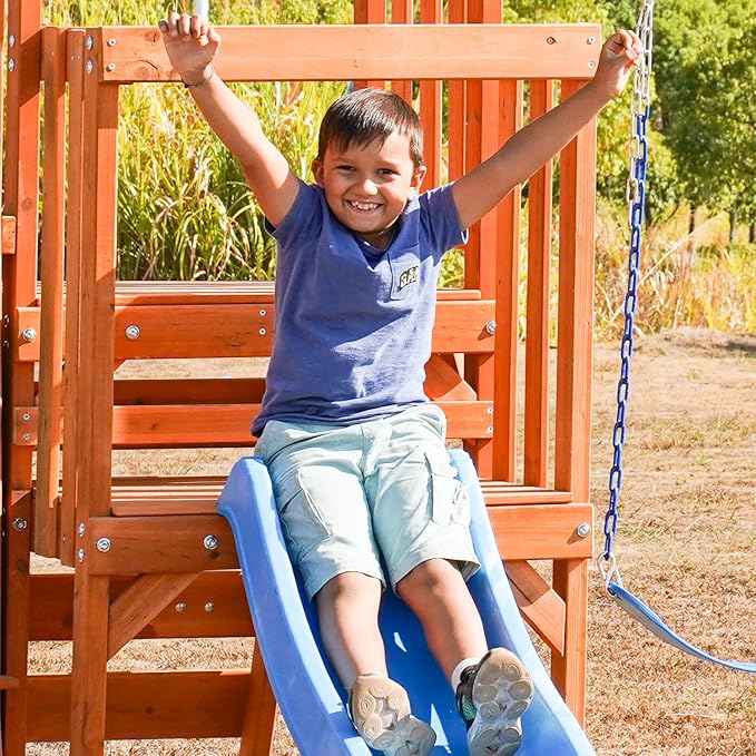 Dolphin Playground Cedar Wooden Swing Sets for Backyard, Outdoor Playset for Kids with Monkey Bar, 2 in 1 Outdoor Table, Wave Slide, Climbing Wall, and 2 Belt Swings, Playground Sets for Backyards