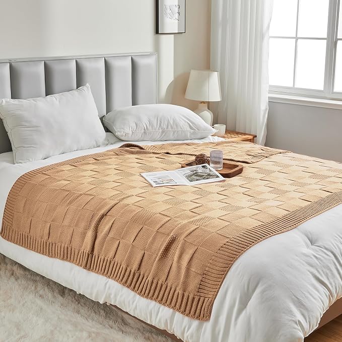 CozeCube Beige Knitted Checkered Throw Blanket 60"X80" | Check Knit Throw for Couch, Decorative Christmas Soft Cozy Warm Blanket for Bed Sofa Living Room