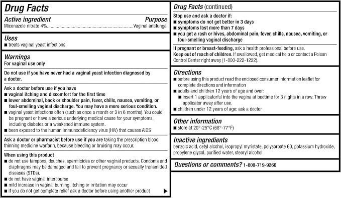 Miconazole Nitrate Vaginal Cream (4 Percent), 3-Day Treatment for Vaginal Yeast Infection