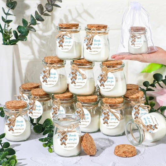 Threlaco 20 Pcs Bear Baby Shower Favors Party Candle Lavender Scented Glass Mason Jar Wax Candle Bulk for Guests Girl Boy Gender Reveal Party Gifts(Brown)