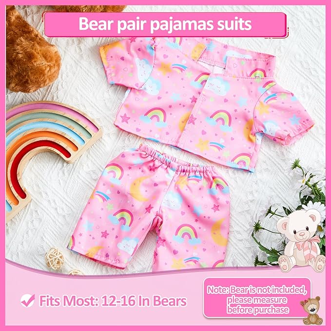 2 Pcs PJ's Bear Clothes Outfit, Fit Most 12-16 Inch Bears Stuffed Clothes Pajamas Plushy for Stuffed , Pre Kindergarten Toys(Pink,Pajamas)