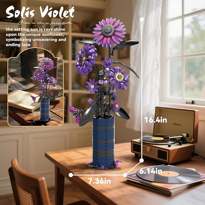 Sunflower Building Set Flowers Bouquet Purple Botanicals Collection Compatible with Lego Flowers for Adults Women Girls 14+ Home Office Decor