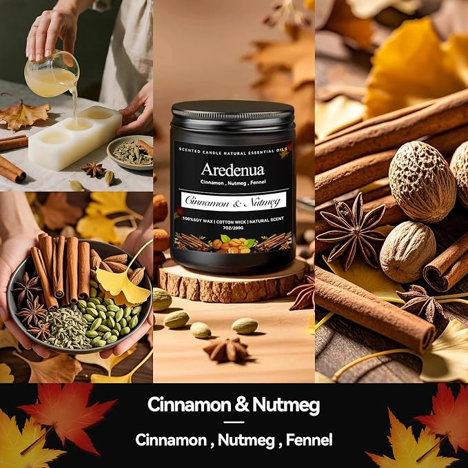 Cinnamon & Nutmeg Candles – Fall Spice Aroma, Cozy Autumn & Fall Candles Gift, 7oz Soy Candle for Home Scented, Seasonal Candle Gift for Holiday & Winter