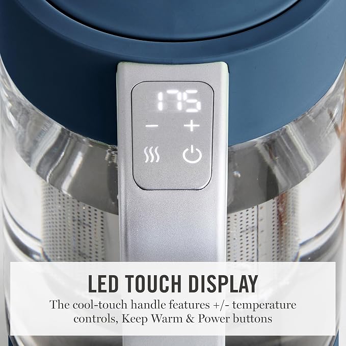Martha Stewart Electric Kettle with Removable Stainless Steel Tea Infuser, Glass Carafe 1.7L (7 Cups), Hot Water Boiler, 4 Presets,  Keep Warm & Auto Shut-Off, Cordless 360° Swivel Base, Indigo Blue