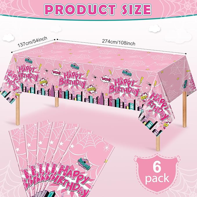 6Pcs Spider Birthday Party Tablecloths, Disposable Plastic Cartoon Spider Tablecloth Pink Hero Table Cover for Rectangle Table Girl’s Birthday Party Supplies, 54x108 inches