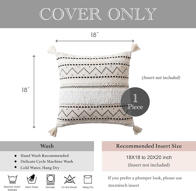 18X18 Throw Pillow Cover, Cream Neutral Square Decorative Cushion Cover with Black Pattern, Boho Accent Pillowcase with Tufted Details and Tassels for Couch Sofa Living Room (Cover Only)