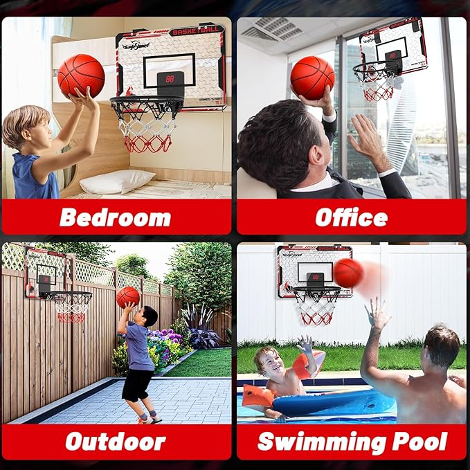 EagleStone Mini Indoor Basketball Hoop with Scoreboard,4 Balls & Pump,Over The Door Bedroom Office Basketball Hoop for 6 7 8 9 10 11 12+ Year Old Kids Boys