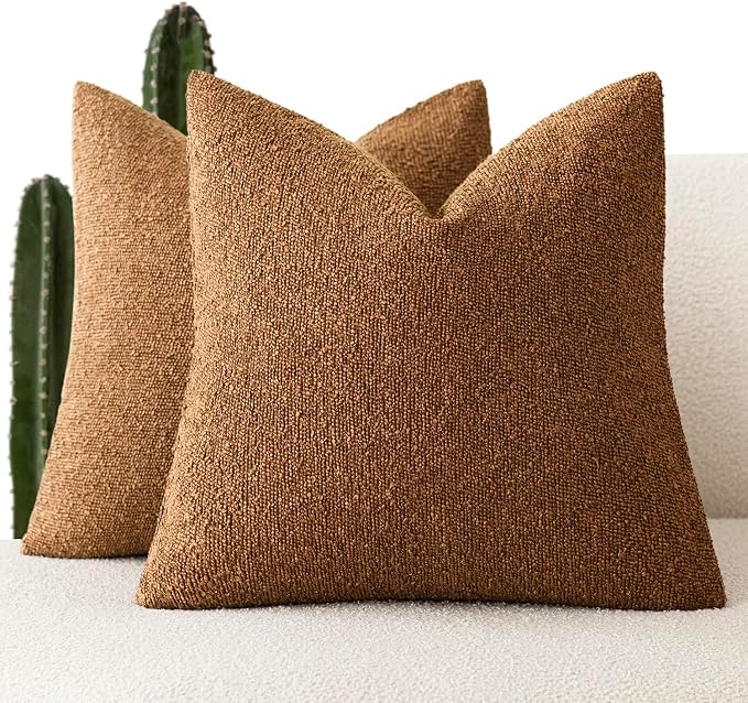 Foindtower Pack of 2, Decorative Textured Boucle Throw Pillow Covers Neutral Accent Solid Pillow Cases Cozy Soft Couch Cushion Case for Chair Sofa Bedroom Living Room Home Decor 22x22 Inch Hazel Brown