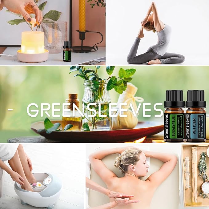 GREENSLEEVES Vetiver Eucalyptus Essential Oil Set, 2 x 10ml Pure Plant-Based Fragrance Oil for Aromatherapy, Essential Oils for Diffuser, Massage, Bath Bomb, Scented Candle Soap Making