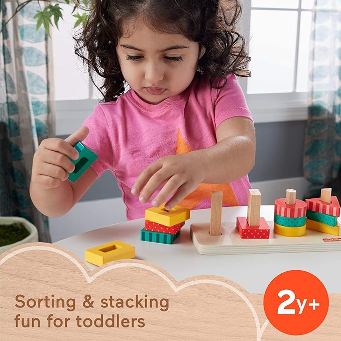 Fisher-Price Wood Toddler Toy Shape Stacker, 13-Piece Wooden Sorting Activity for Fine Motor Play Preschool Kids Ages 2+ Years