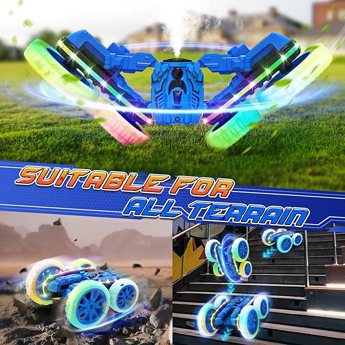 Jimdella RC Cars Toys, 2-in-1 Remote Control Car Transform 4WD with Spray & LED Lights, 2.4GHz Off-Road Stunt Truck for 360° Flips Gift for Boys Age 8-12 (Blue)