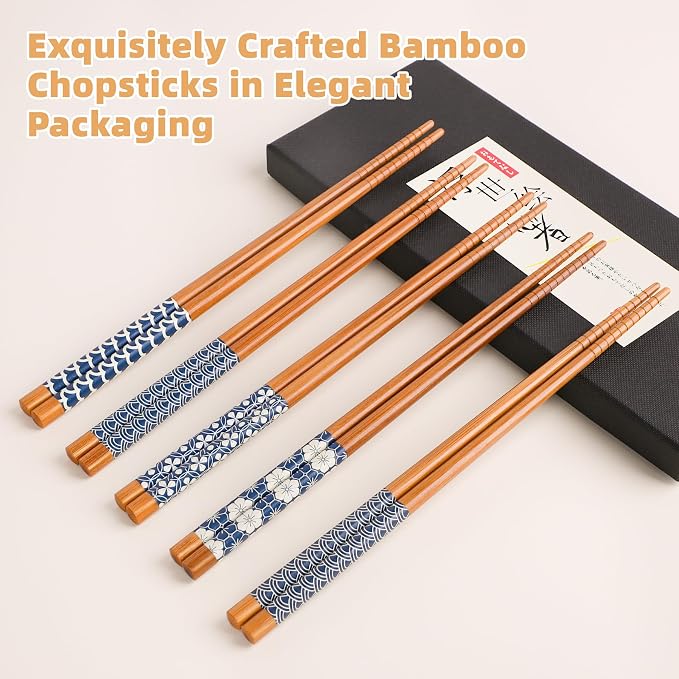 Antner 5 Pairs Natural Bamboo Chopsticks Reusable Classic Japanese Style Chop Sticks Gift Sets, Dishwasher Safe, 8.8 Inch/22.5cm