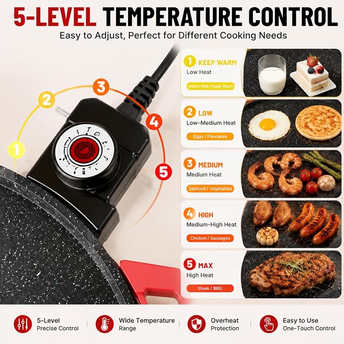 1500W Portable Electric Korean Smokeless Non-stick Indoor Grill Pan, Adjustable Temp Control, Universal Fry Griddle, Portable Barbecue Grill, Home Cooking Kitchen Gadget ，16in