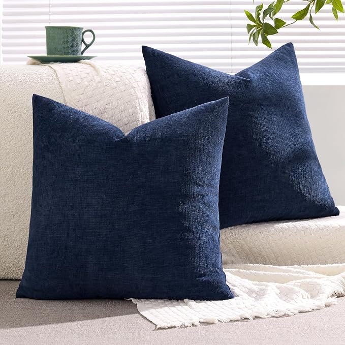 MIULEE Navy Chenille Couch Throw Pillow Covers, 20x20 | Set of 2, Soft Coastal Home Decor, Modern Farmhouse Decorative Pillowcases for Sofa Living Room Bed