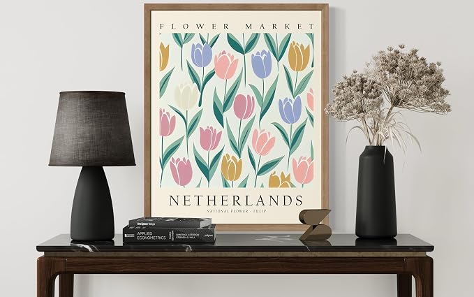 Netherlands Flower Market Art Print Poster, Wall Art Floral Painting Botanical Decor for Bedroom, Kitchen, Bathroom Livingroom Decoration 82B (Netherlands, 10"L x 8"W, Wood Frame)