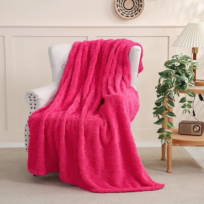 Hot Pink Fleece Throw Blanket 50”×60”Checkered Design for Couch | Super Soft Cozy Plush Microfiber 3D Square Pattern Flannel Blanket for Sofa Bed Lightweight for Adults,Women
