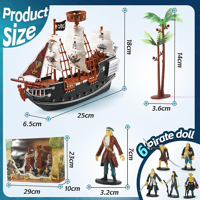 Pirate Action Figures Boat Playset Pirate Pretend Toys Pirate Ship with 6 Action Figures & Tree, Play Toy for Kids, Educational Learning Toys with Figurines,Trees and Boat- Gifts for Boys and Girls