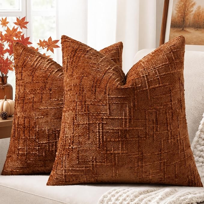 decorUhome Textured Chenille Throw Pillow Covers 24x24 Set of 2 Rust | Fall Modern Farmhouse Soft Cozy Slubby Couch Pillow Cases Boho Decorative Pillow Cases for Bed Sofa Living Room Home Decor