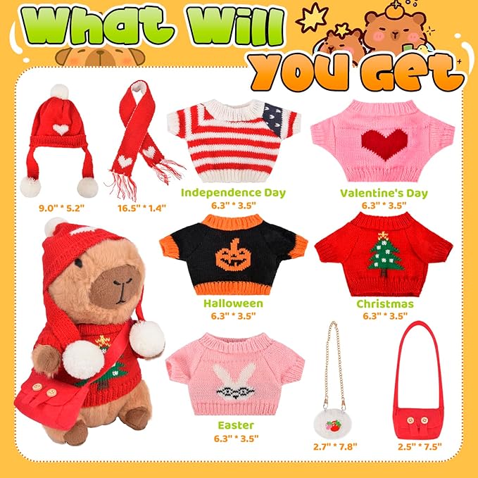 Capybara Plush Toy with 9 Clothes & Accessories, 10.2" Holiday Capybara Stuffed Animal, Dress Up Capibaras Peluches, Cute Super Soft Funny Capybara Pillow Stuffies Birthday Gifts for Kids Boys Girls