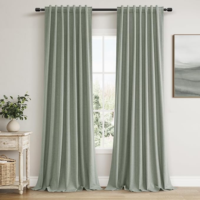 Guken Desert Sage 100% Blackout Linen Curtains 108 Inch Length 2 Panels Set for Living Room Bedroom Back Tab Thermal Insulated Black Out Drapes Room Darkening Window Curtains 108 Inches Long