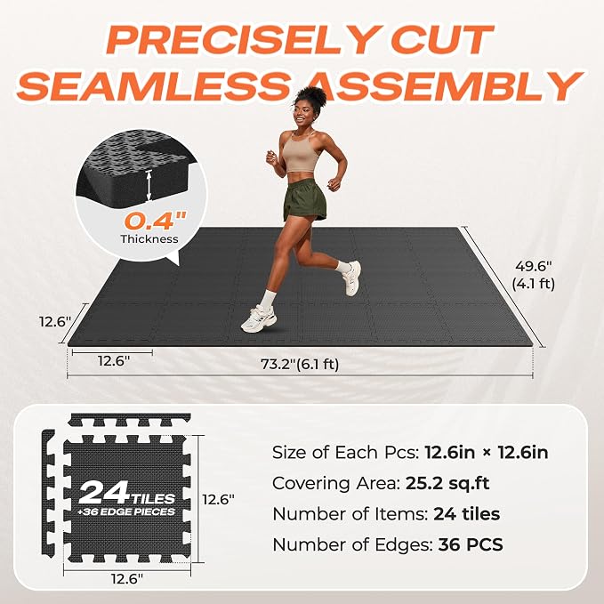 SUPERJARE Gym Floor Mats, EVA Foam Puzzle Exercise Mats, Interlocking Floor Mats, Cushioned Foam Floor Tiles, Gym Flooring Workout Mat for Home Gym, Playroom, Garage, 12.6"x12.6"x0.4"