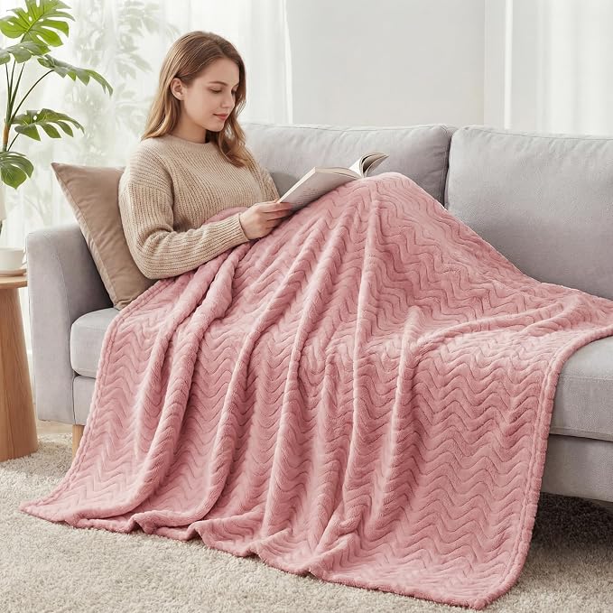 Exclusivo Mezcla Soft Fleece Blanket Twin Size for Bed, Sofa, Pink | 90"x66" Breathable Lightweight Flannel Blanket for Summer, Plush Cozy Jacquard Wave for Home Decor