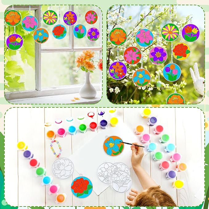 30 Sets Spring Flower Suncatchers Window Art Kits, Mother's Day Floral DIY Sun Catchers Crafts Paint Your Own Window Ornaments for Boys Girls Classroom Home Party Birthday Activity Decor