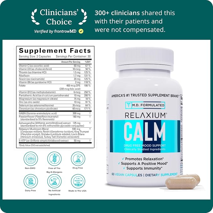 Relaxium Calm - Stress, Mood + Immune Support Supplement, Non-Habit Forming with Ashwagandha, 5-HTP & GABA, Mushroom Blend. Made in USA, 60 Capsules